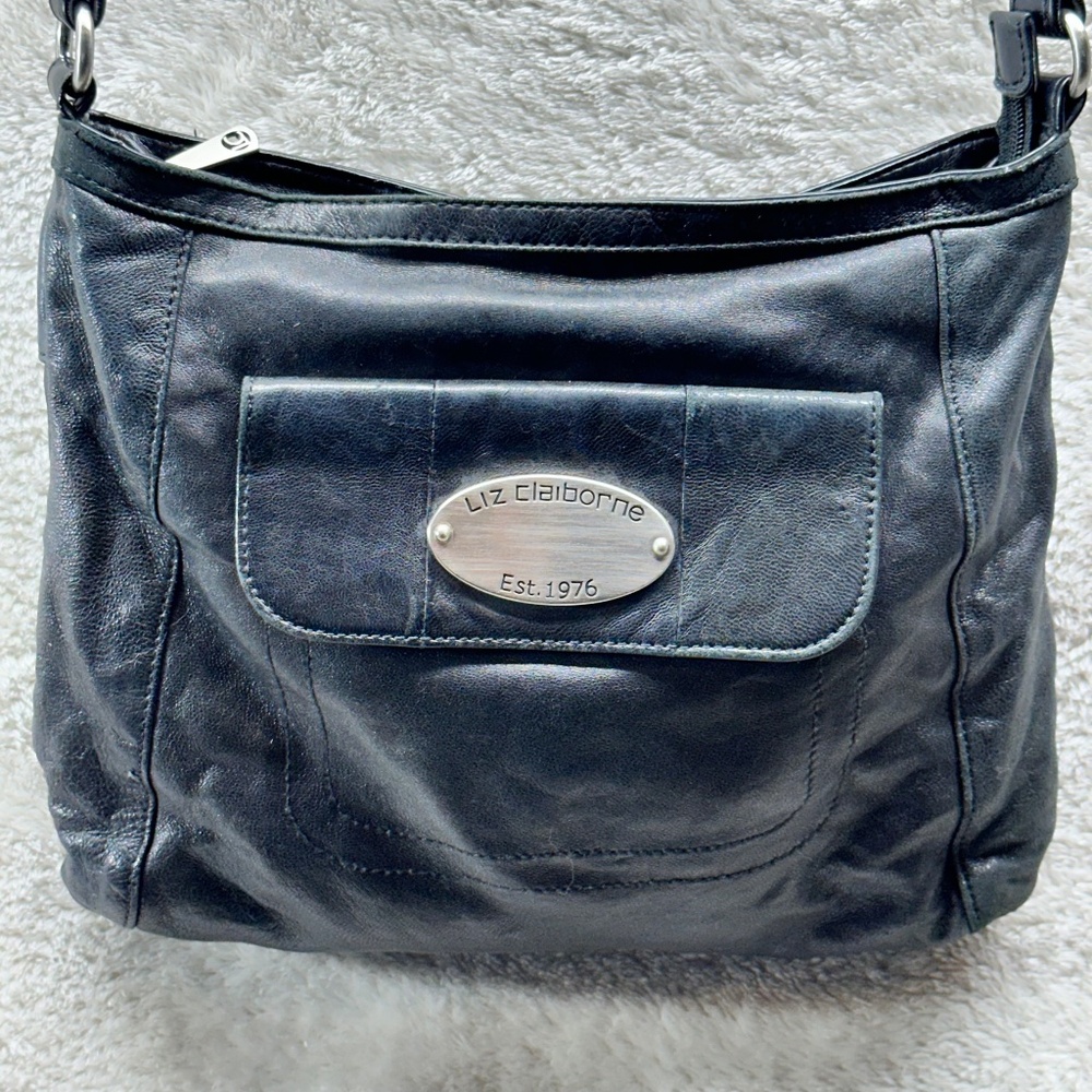 Liz Claiborne Black Soft Leather Crossbody Bag Purse Handbag Lace Stitch Vintage